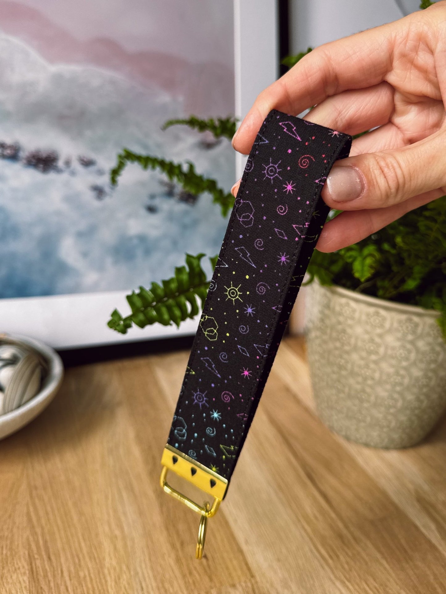 Black With Rainbow Doodle Pattern Keychain Wristlet - Ana Woods