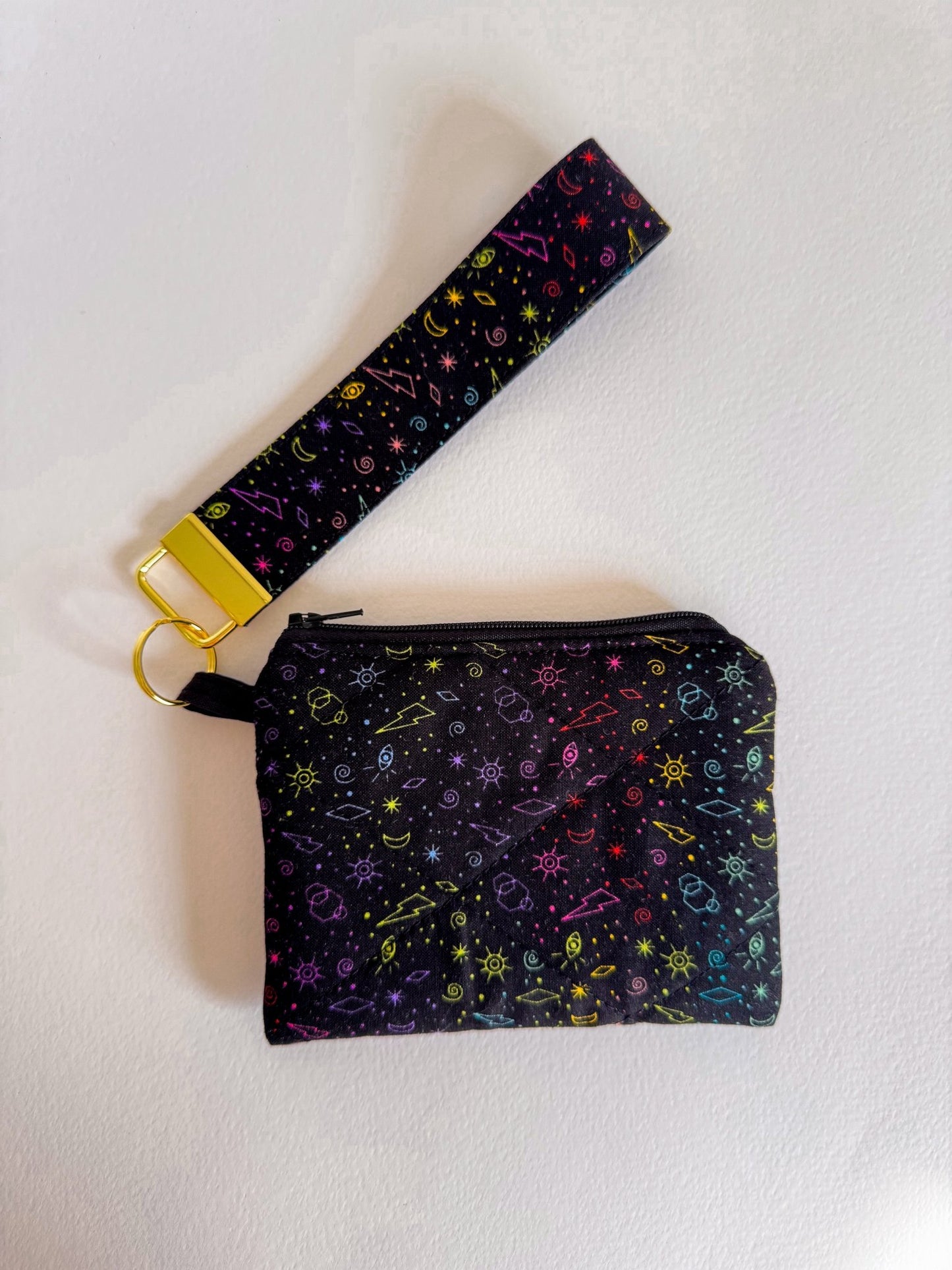 Black With Rainbow Doodle Pattern Keychain Wristlet - Ana Woods