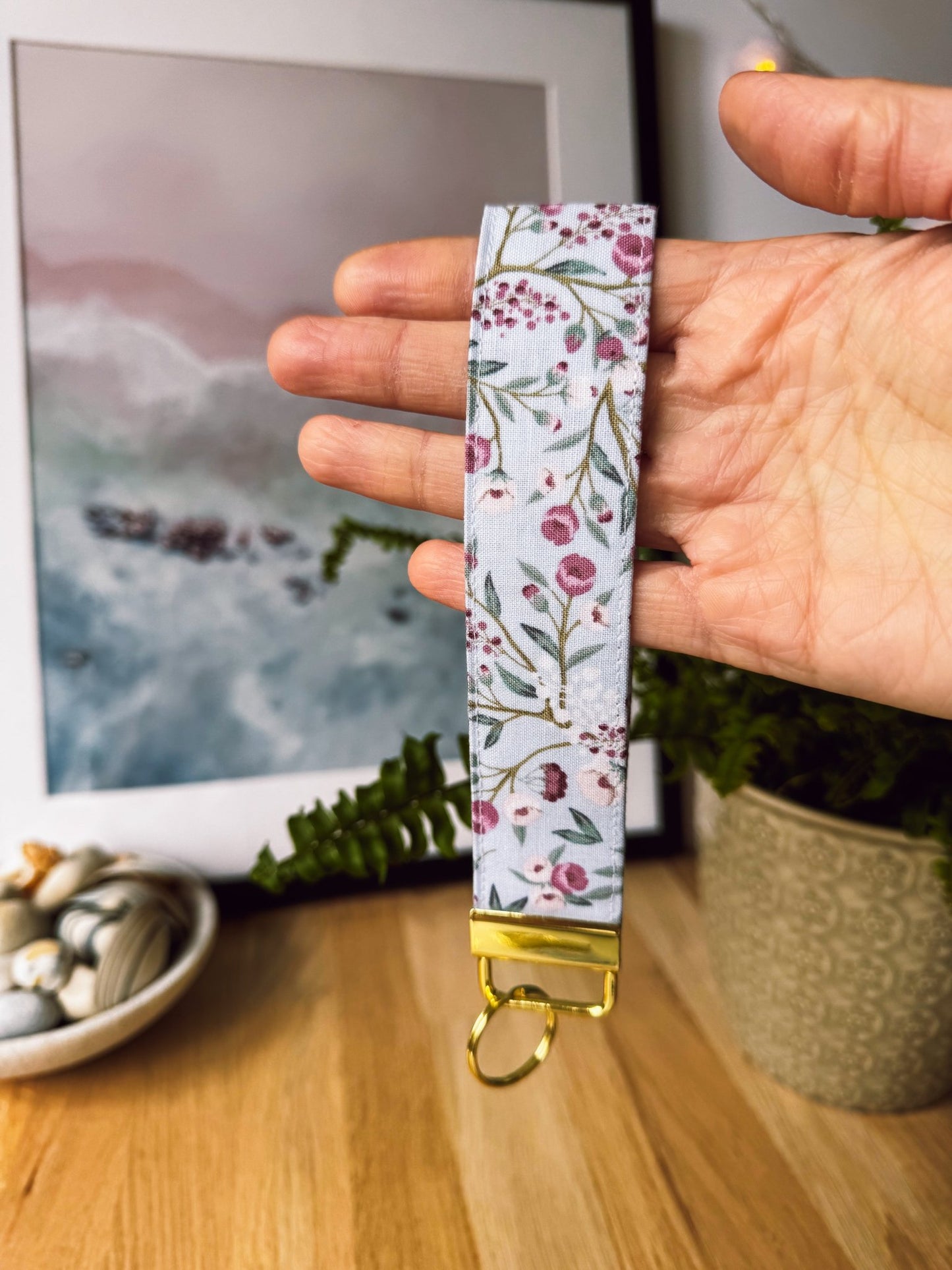 Light Blue Floral Keychain Wristlet - Ana Woods