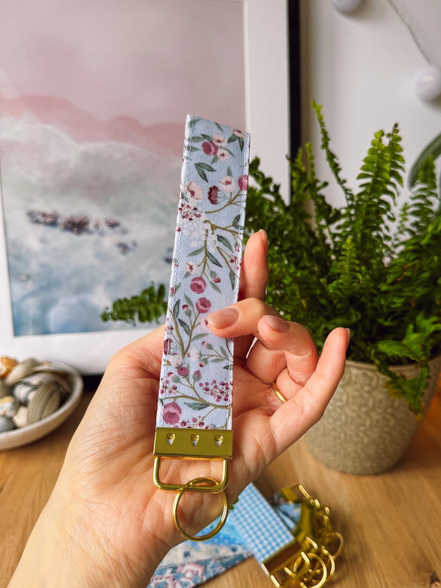 Light Blue Floral Keychain Wristlet - Ana Woods
