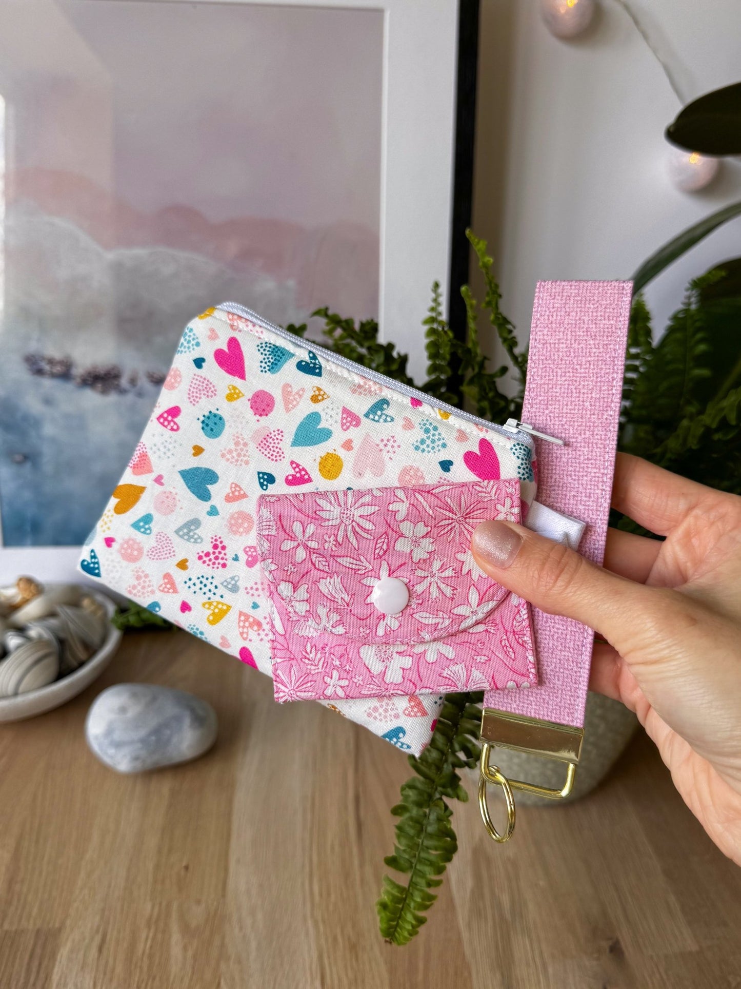 Light Pink With Yellow Dots Keychain Wristlet - Ana Woods