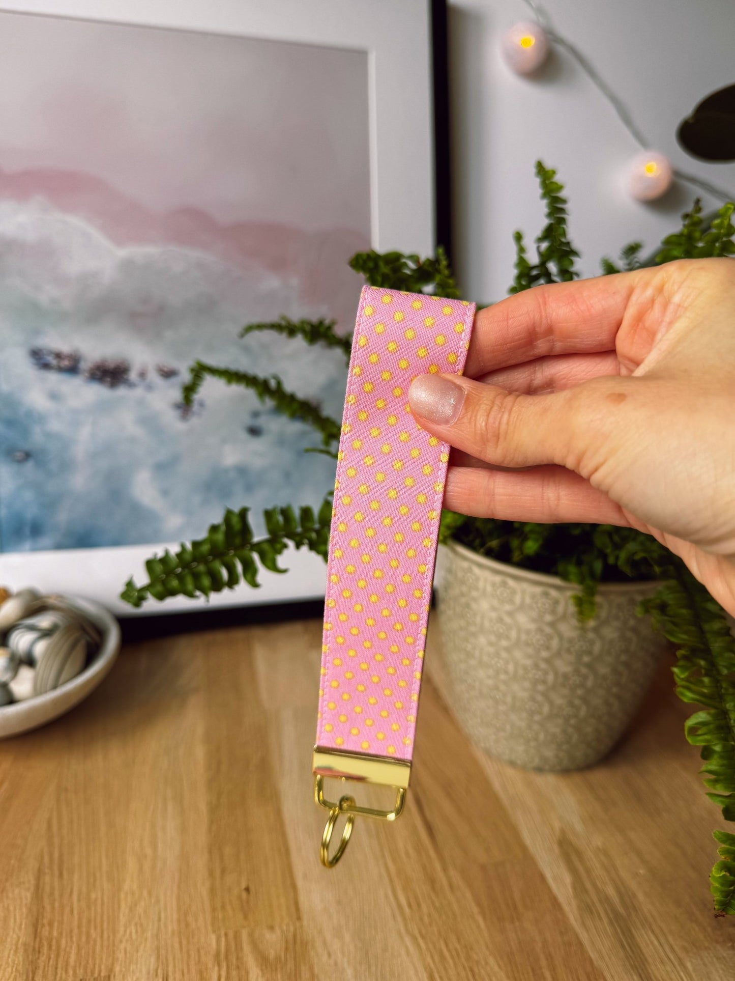 Light Pink With Yellow Dots Keychain Wristlet - Ana Woods