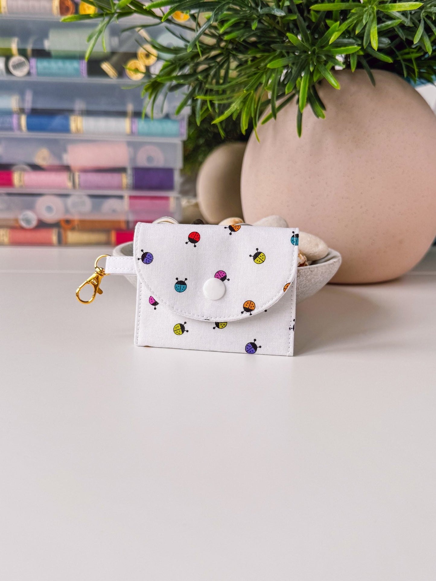 Mini Clip Case Colourful Ladybugs on White - Ana Woods