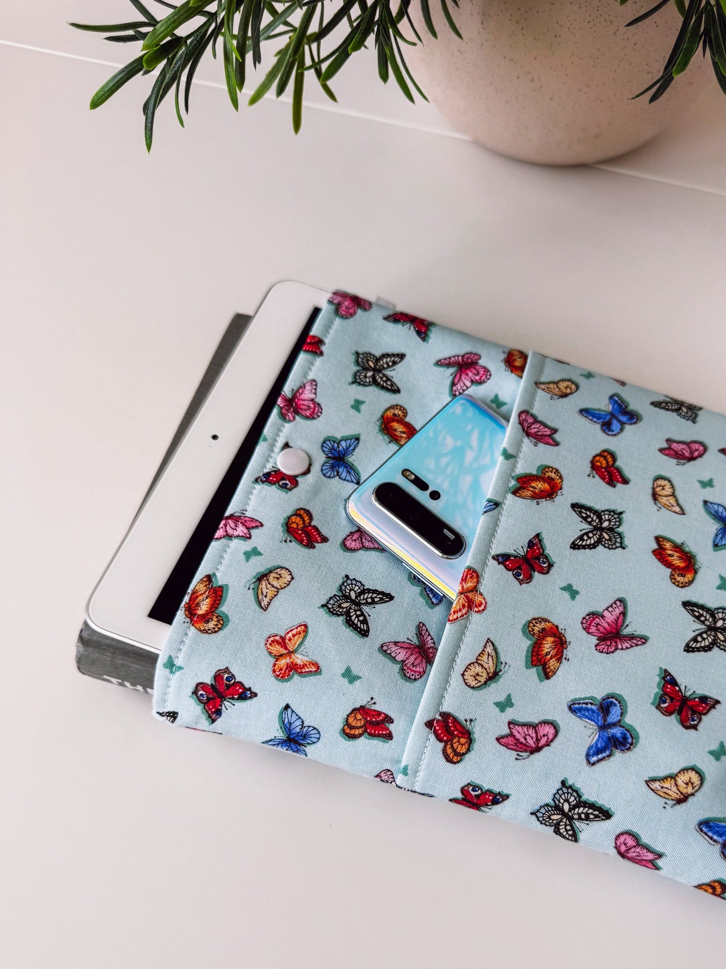 Soft Teal Butterflies Book & Gadget Sleeve - Ana Woods