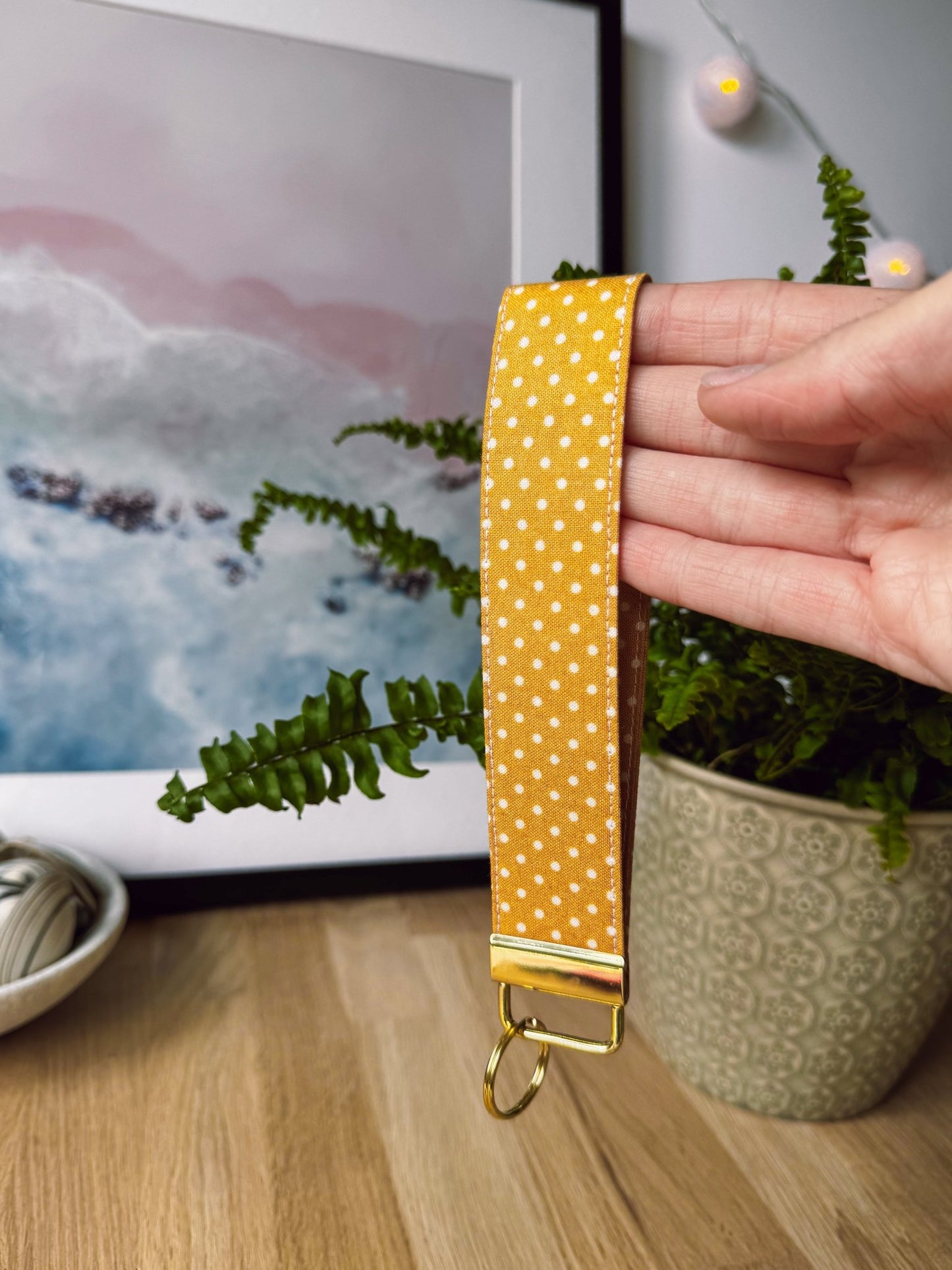 White Dots on Mustard Keychain Wristlet - Ana Woods