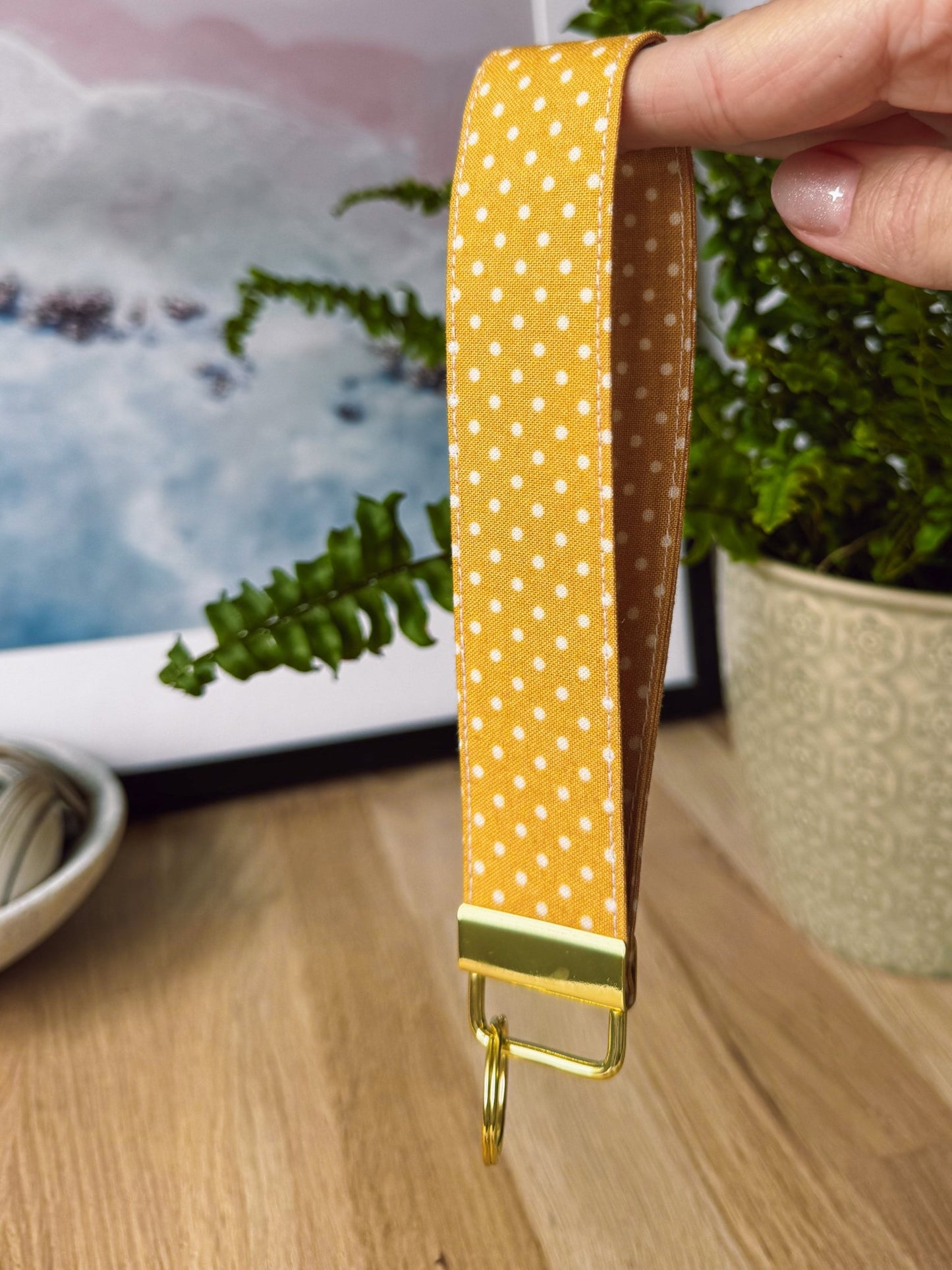 White Dots on Mustard Keychain Wristlet - Ana Woods