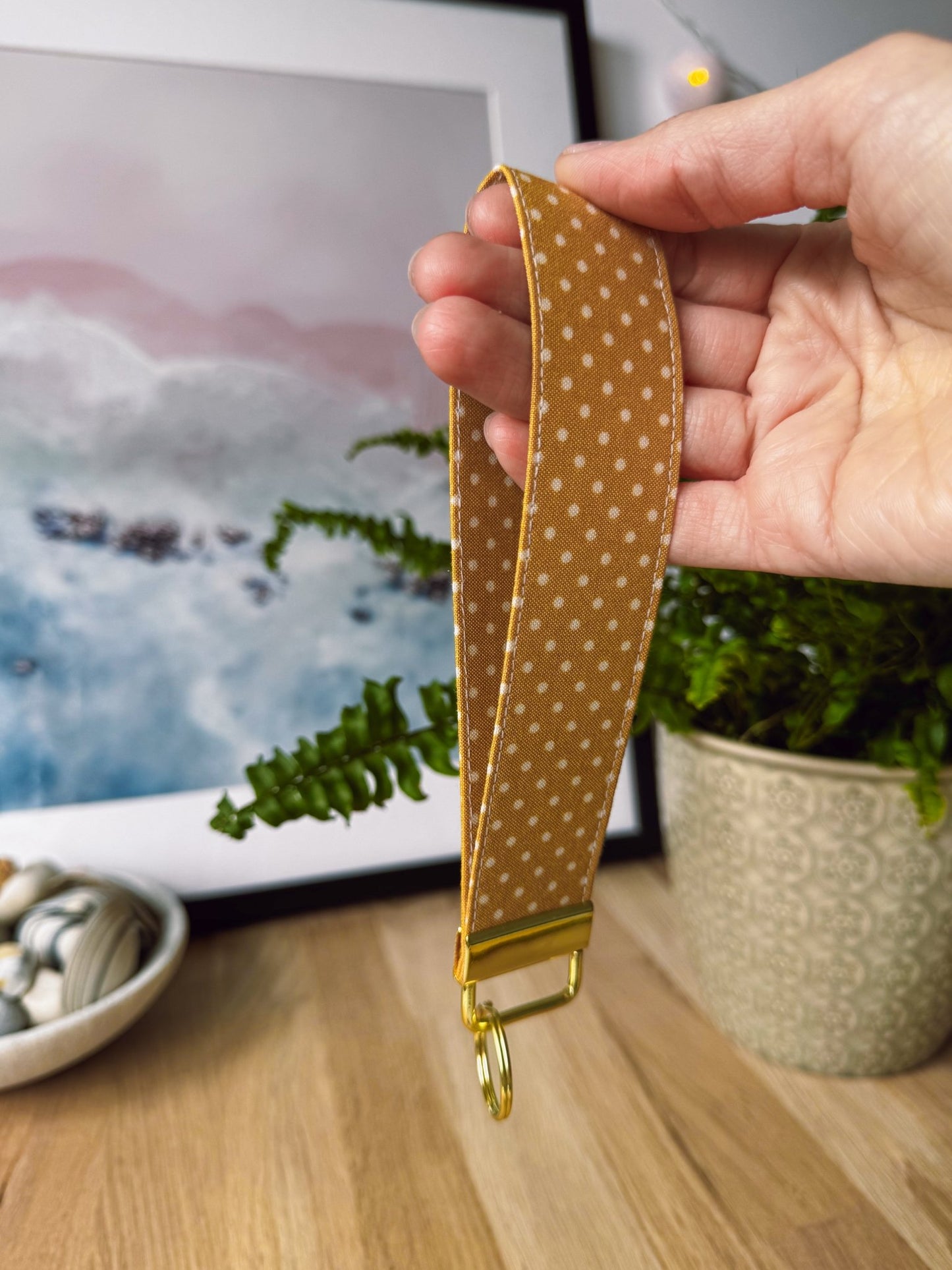 White Dots on Mustard Keychain Wristlet - Ana Woods