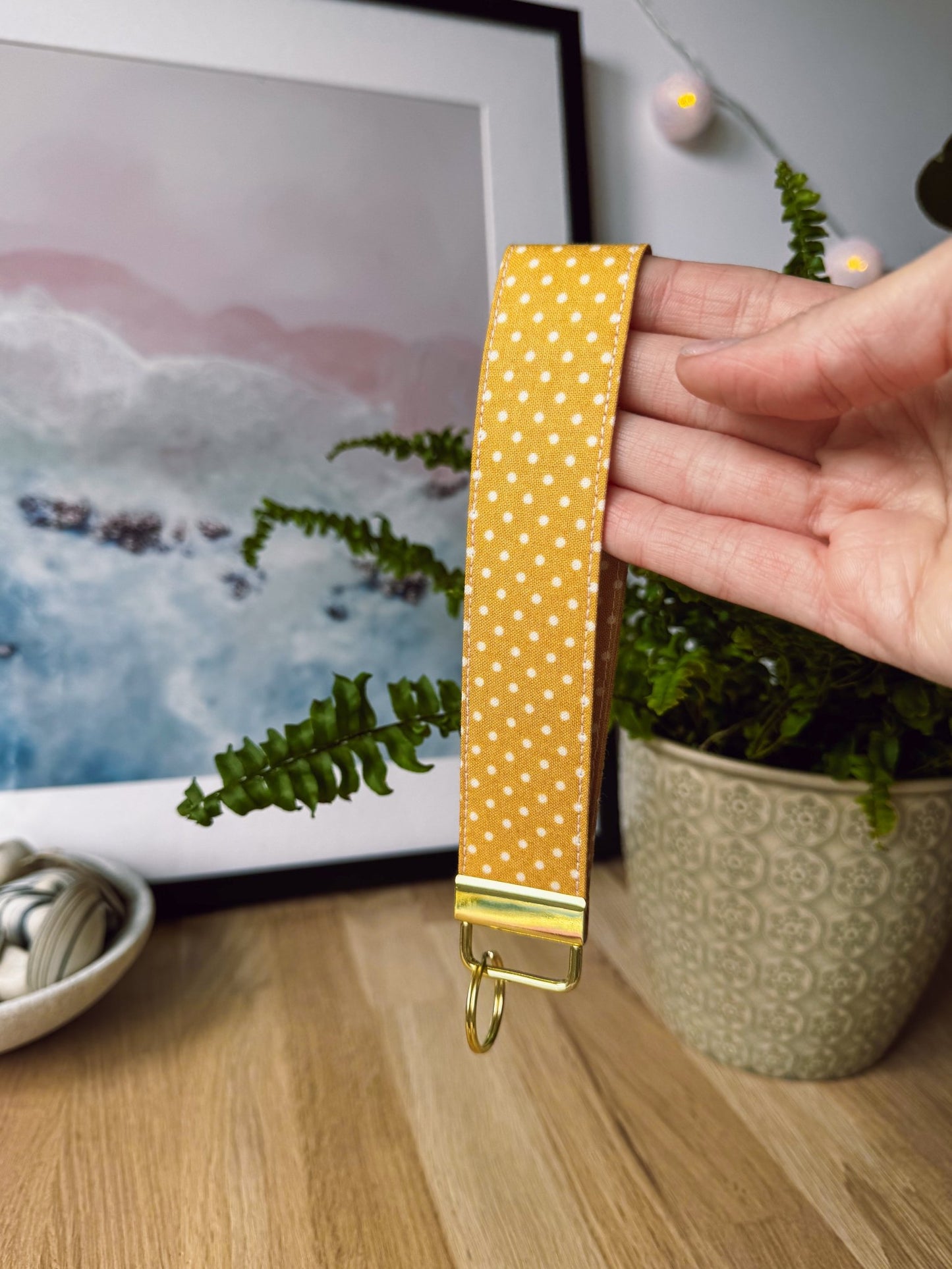 White Dots on Mustard Keychain Wristlet - Ana Woods