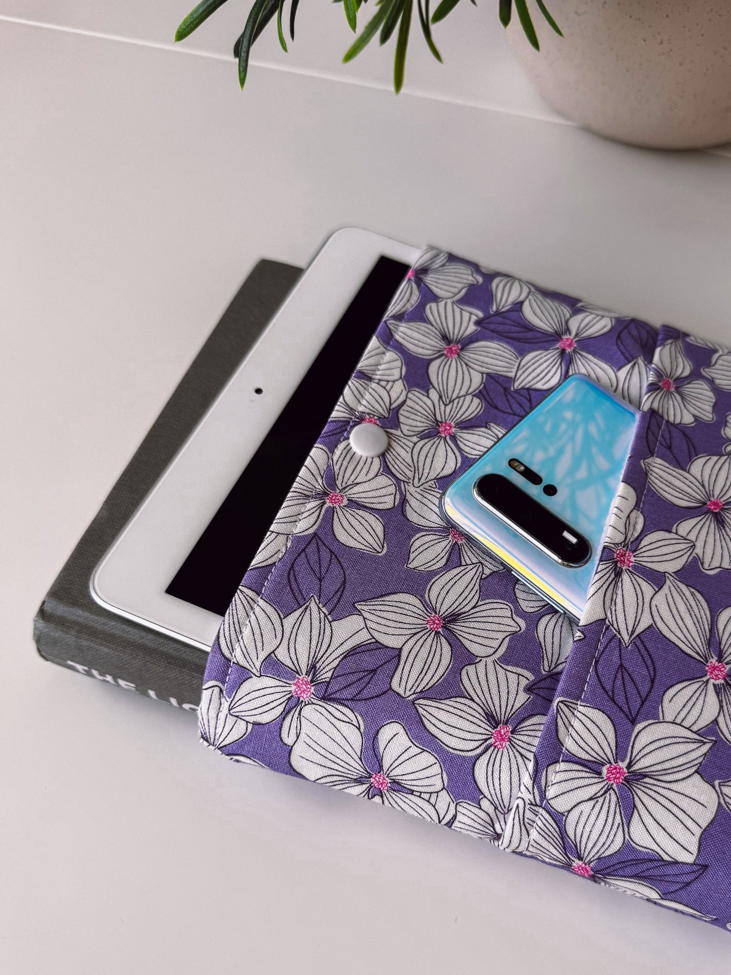 White Flowers on Purple Book & Gadget Sleeve - Ana Woods