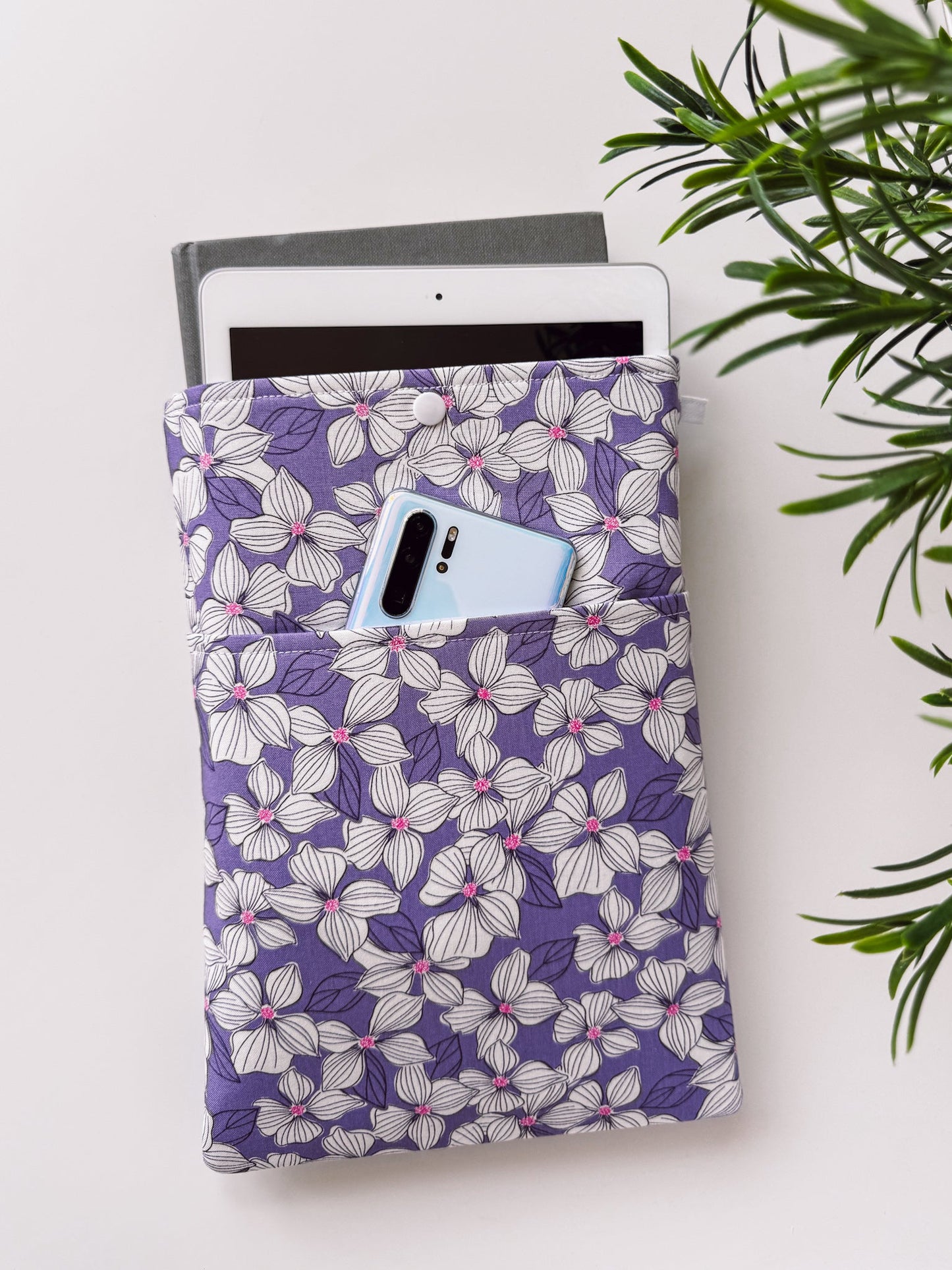 White Flowers on Purple Book & Gadget Sleeve - Ana Woods