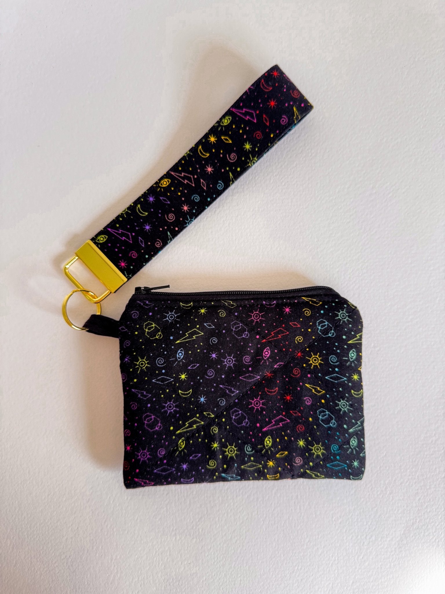 Black With Rainbow Doodle Pattern Keychain Wristlet - Ana Woods