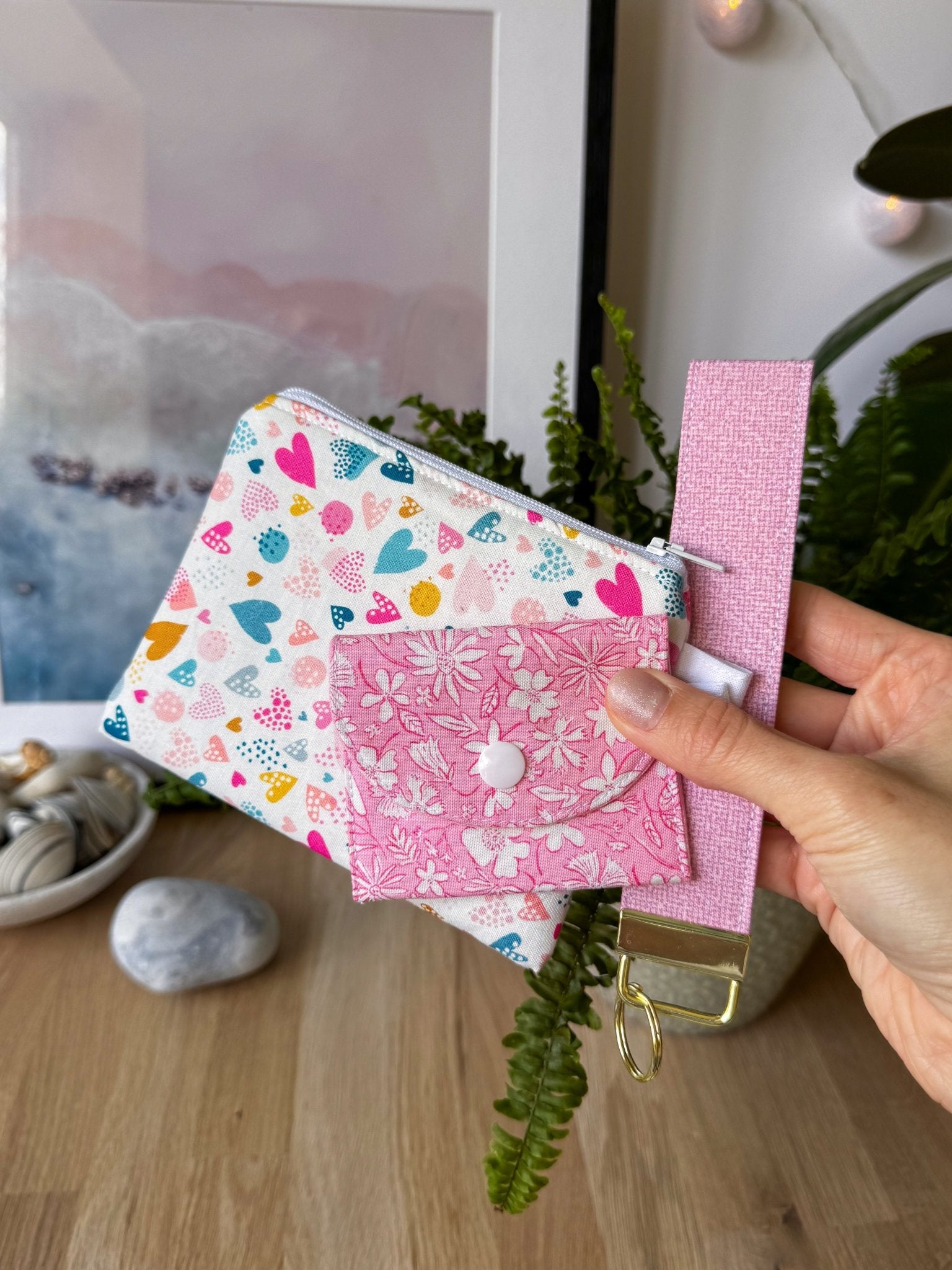 Light Pink With Yellow Dots Keychain Wristlet - Ana Woods
