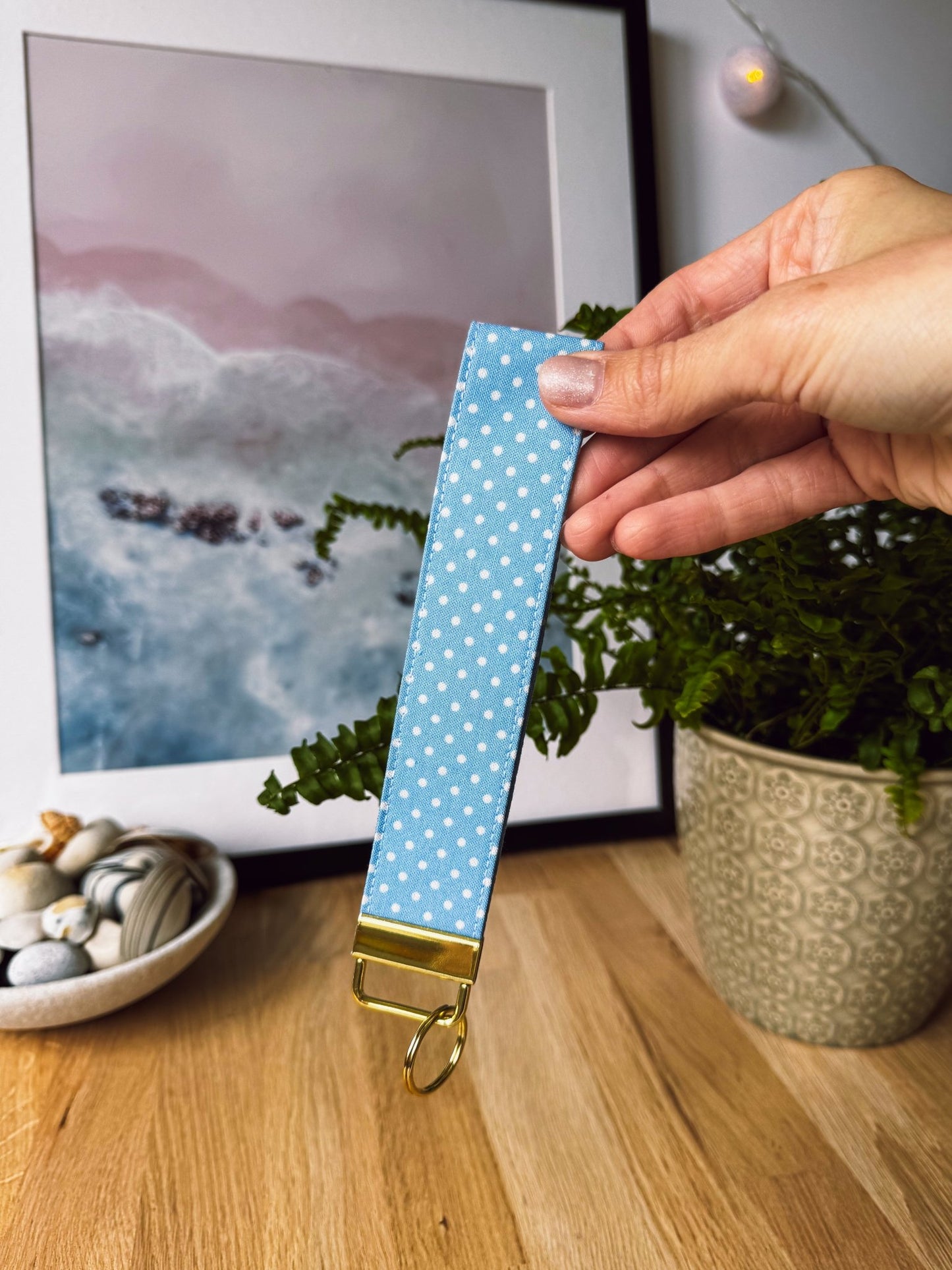 White Dots on Blue Keychain Wristlet - Ana Woods