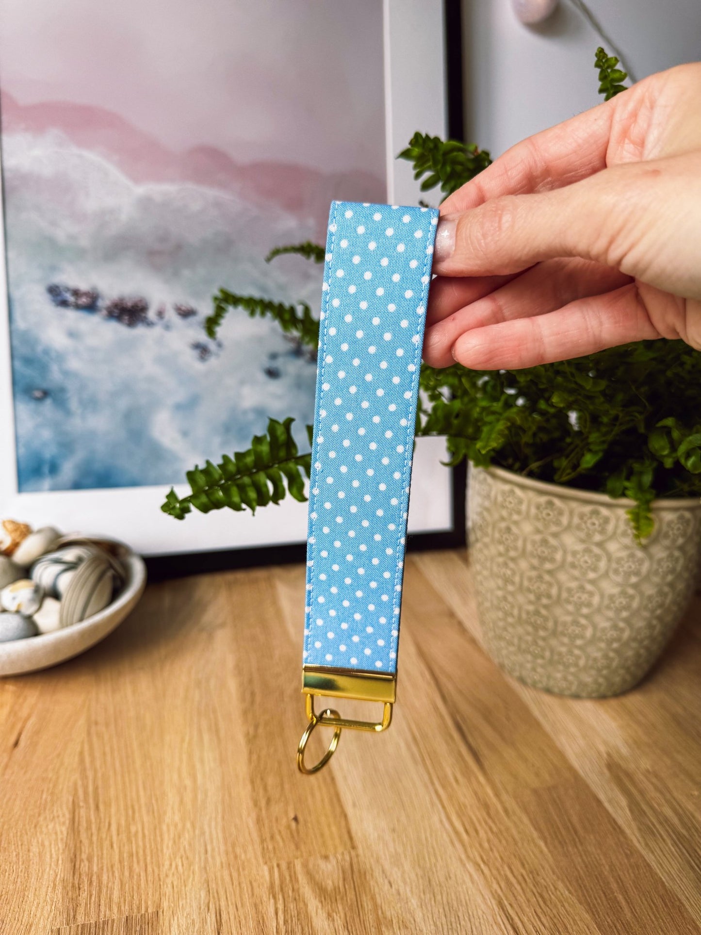 White Dots on Blue Keychain Wristlet - Ana Woods
