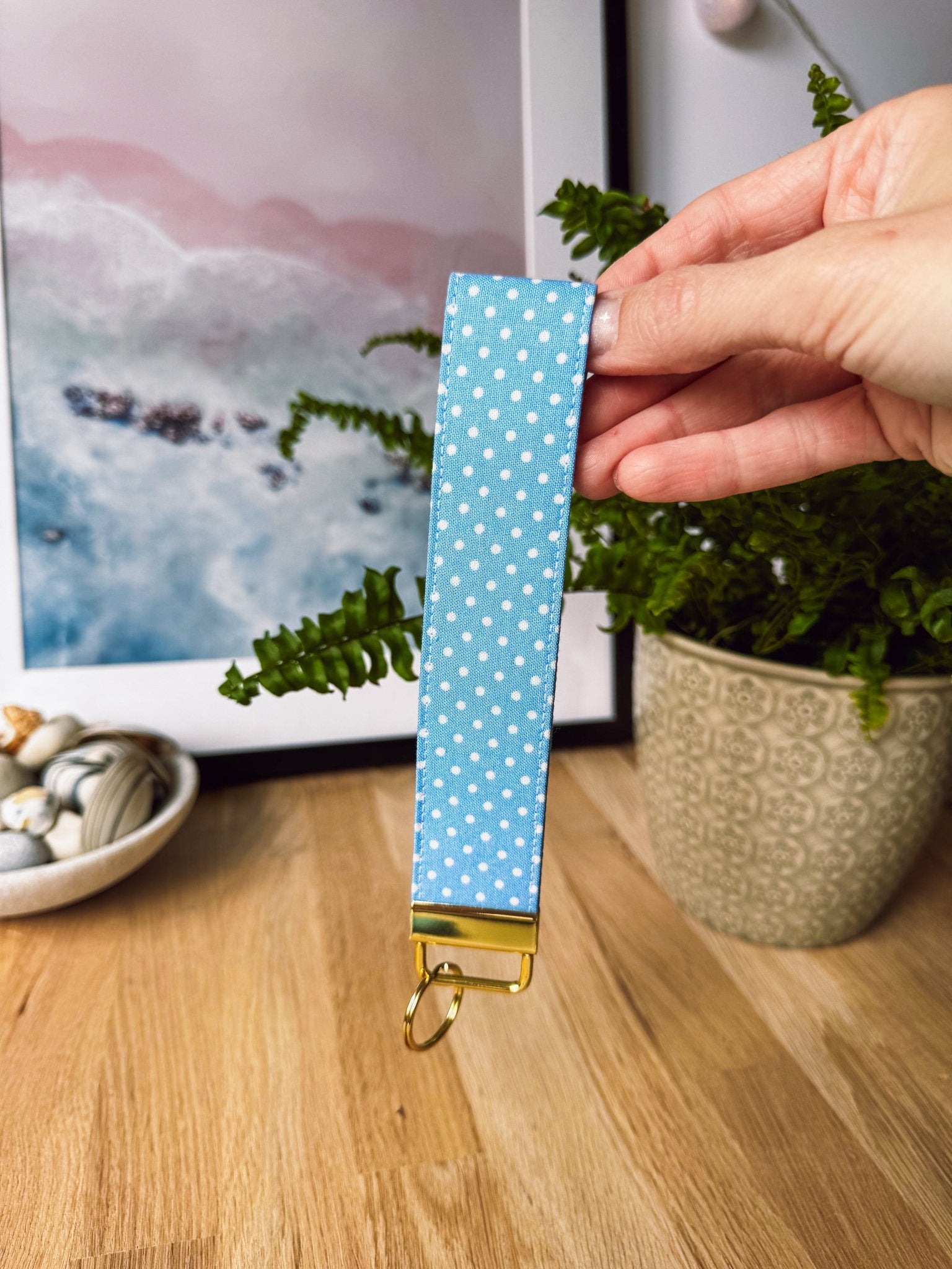 White Dots on Blue Keychain Wristlet - Ana Woods