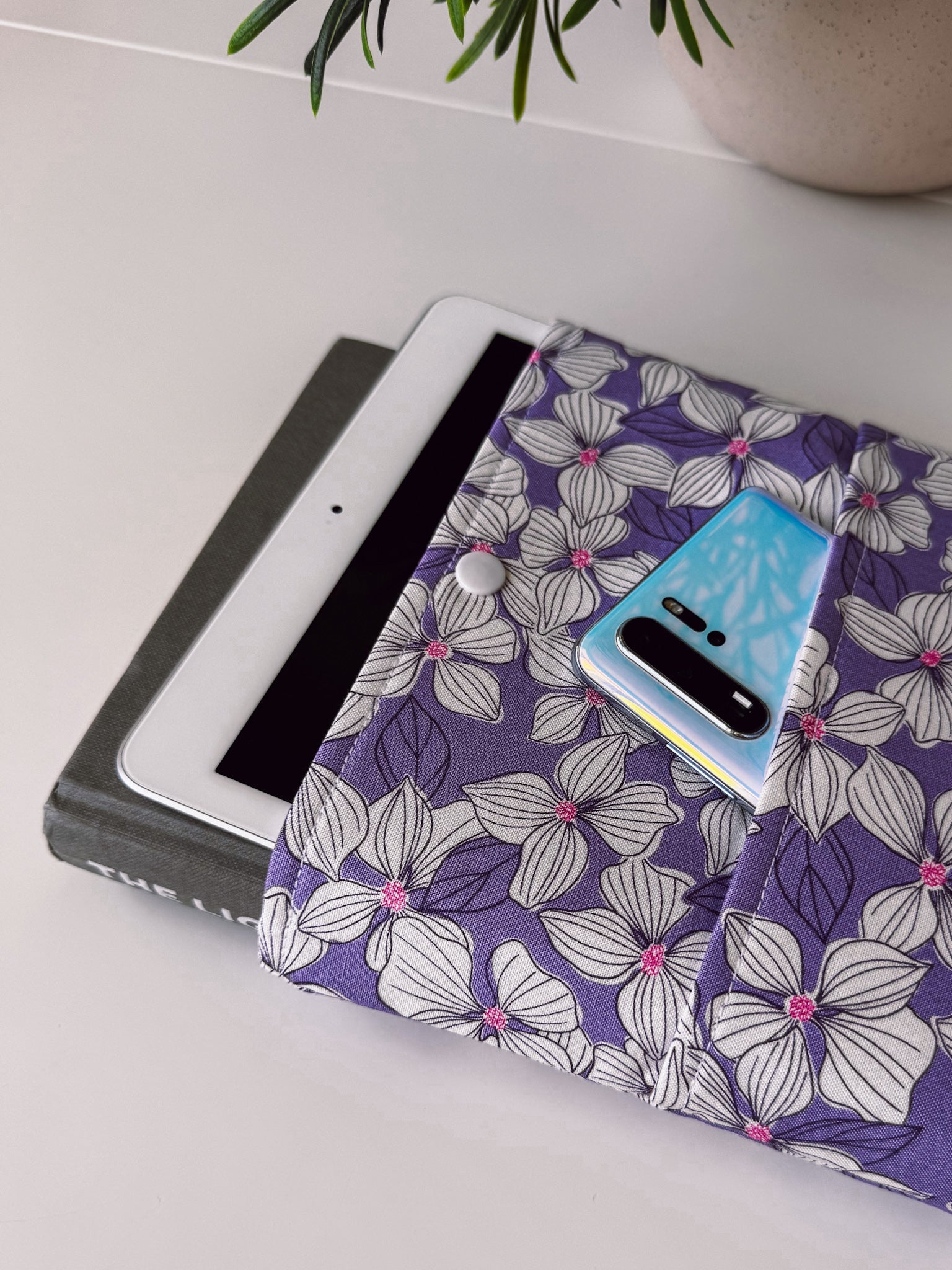 White Flowers on Purple Book & Gadget Sleeve - Ana Woods