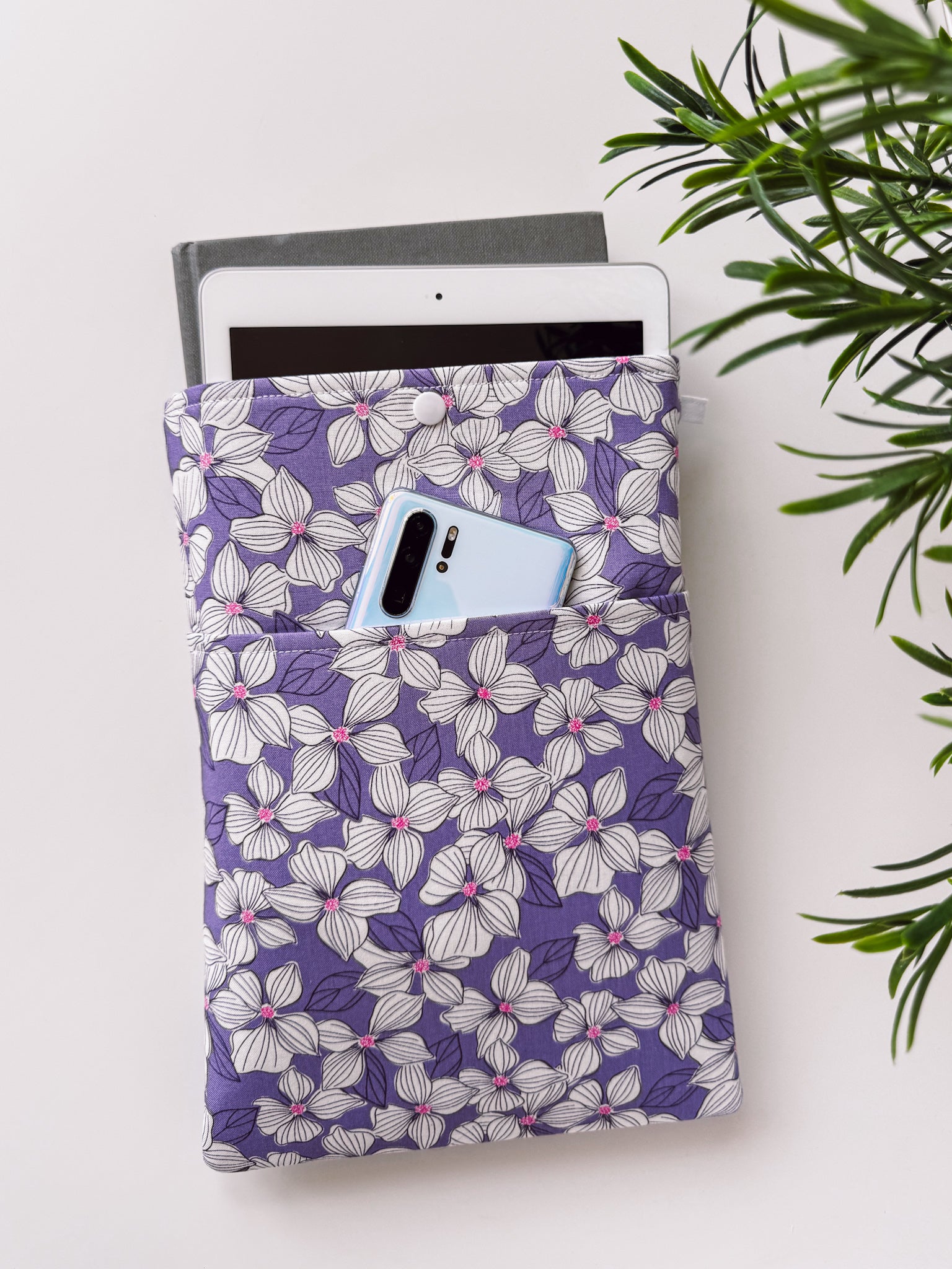 White Flowers on Purple Book & Gadget Sleeve - Ana Woods